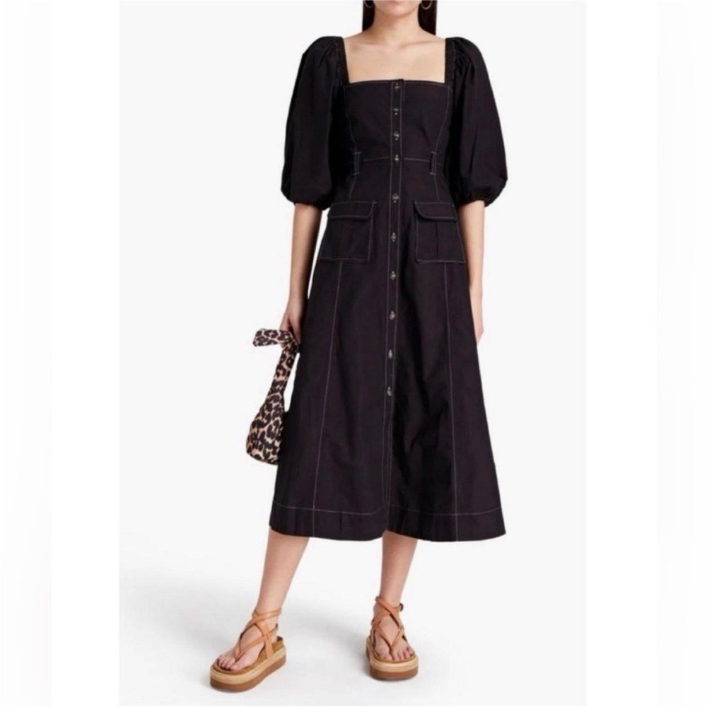 Ganni Black Square-Neck Midi Dress with Puff Sleeves Size 42